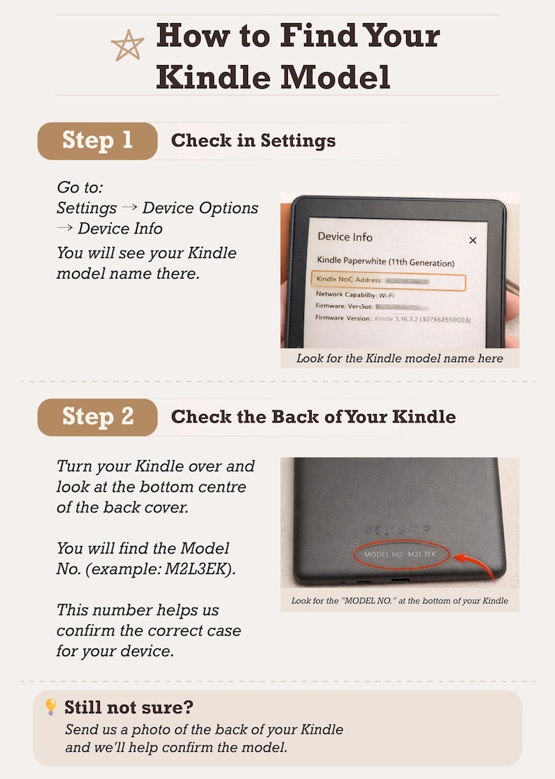 Puede incluir: Un gr&aacute;fico instructivo titulado How to Find Your Kindle Model. El paso 1 muestra una pantalla Kindle con Device Info y Kindle Paperwhite 11th Generation resaltado. El paso 2 muestra la parte trasera de un Kindle con el Model No. M2L3EK rodeado.
