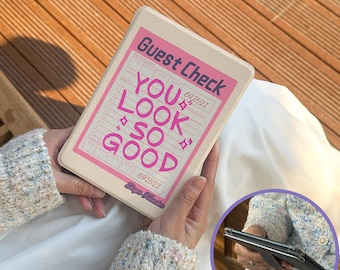 Diner Receipt Kindle Case – You Look So Good, Pink Retro Guest Check, Y2K Aesthetic Paperwhite Cover with a Strap, Cute Gift for Readers