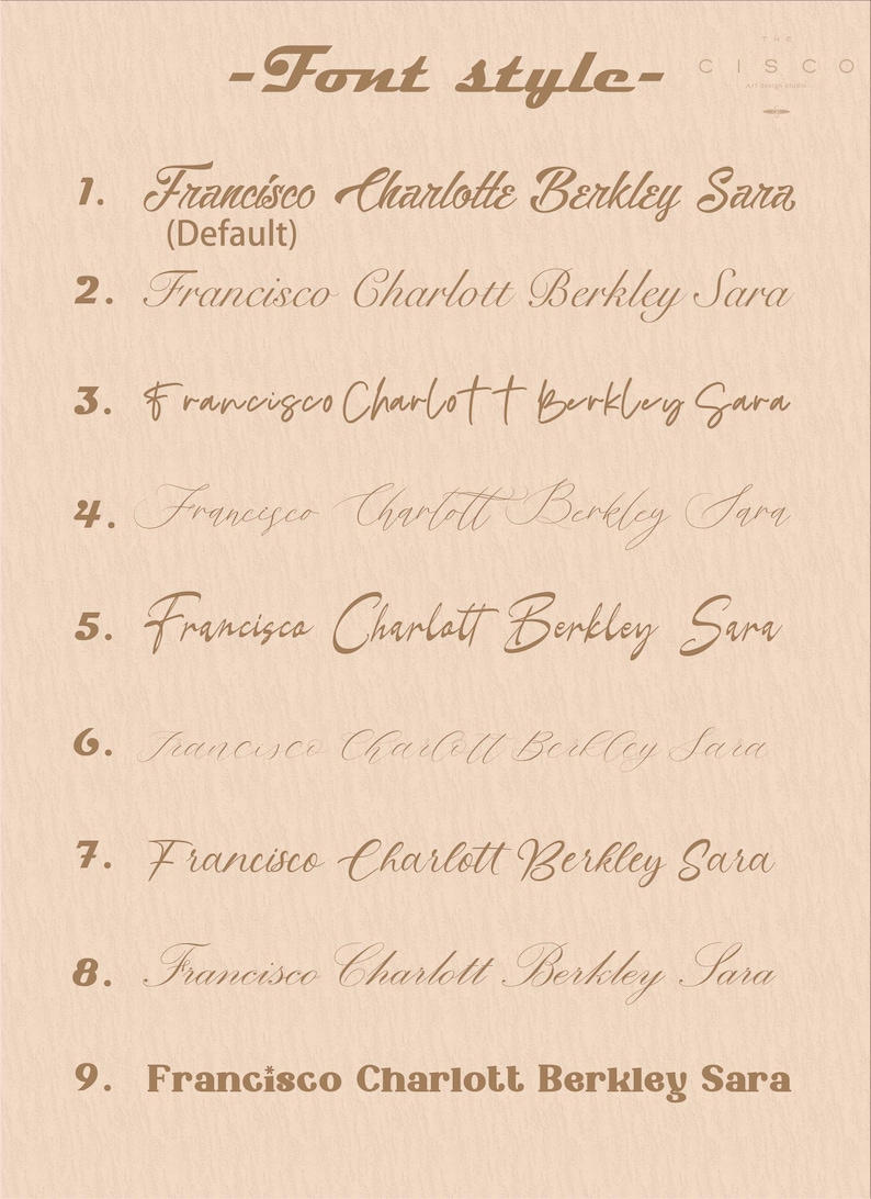 May include: A beige graphic with the text "-Font style-" at the top, and the word "CISCO" in the upper right corner. The image displays nine different font styles, each showcasing the words "Francisco Charlotte Berkley Sara".