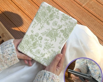 Może przedstawiać: Białe etui na Kindle z zielonym kwiatowym wzorem. Etui ma dekoracyjny wzór z napisem "Francesco's Kindle" wydrukowanym na dole. Etui jest trzymane w dłoniach osoby.