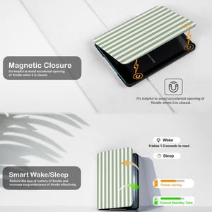 Magnetic closure Kindle case with smart wake and sleep function. Retro sage stripe Kindle cover protects the e-reader while automatically waking or sleeping the device when opened or closed.