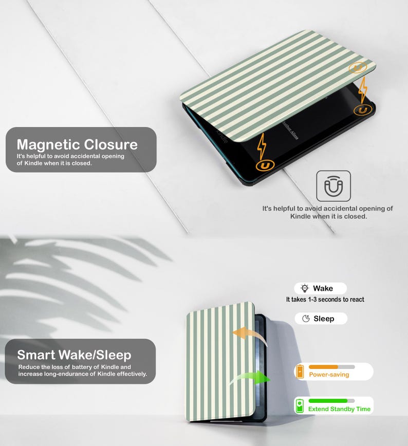 Magnetic closure Kindle case with smart wake and sleep function. Retro sage stripe Kindle cover protects the e-reader while automatically waking or sleeping the device when opened or closed.