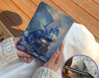 Fantasy Dragon Kindle Case – Blue Dragon on Books Cover Magical Art Oasis Sleeve Personalized Gift for Book Lovers Dragon Fantasy Accessory