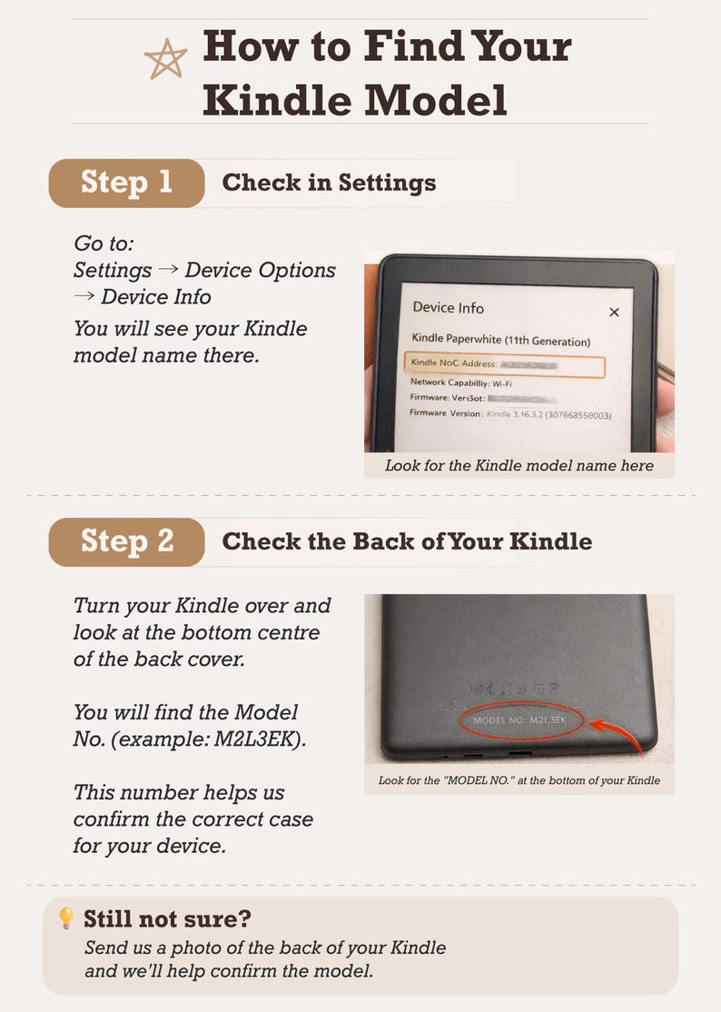 May include: A guide titled "How to Find Your Kindle Model" with instructions on identifying the model number. The guide includes screenshots of a Kindle's settings and back, with arrows pointing to the model name and number.