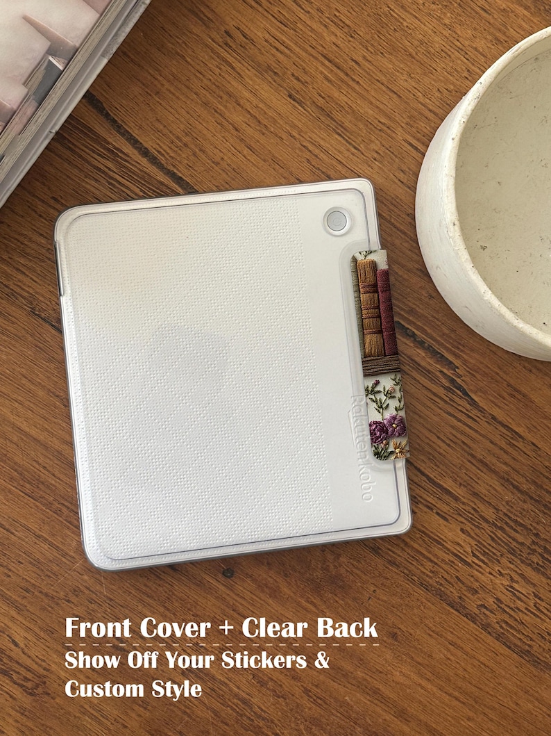 Clear Back Embroidered Floral Bookshelf Kindle Case, Transparent E-Reader Cover to Show Off Stickers, Customizable Embroidery Protective Case for Kobo Clara/Kindle