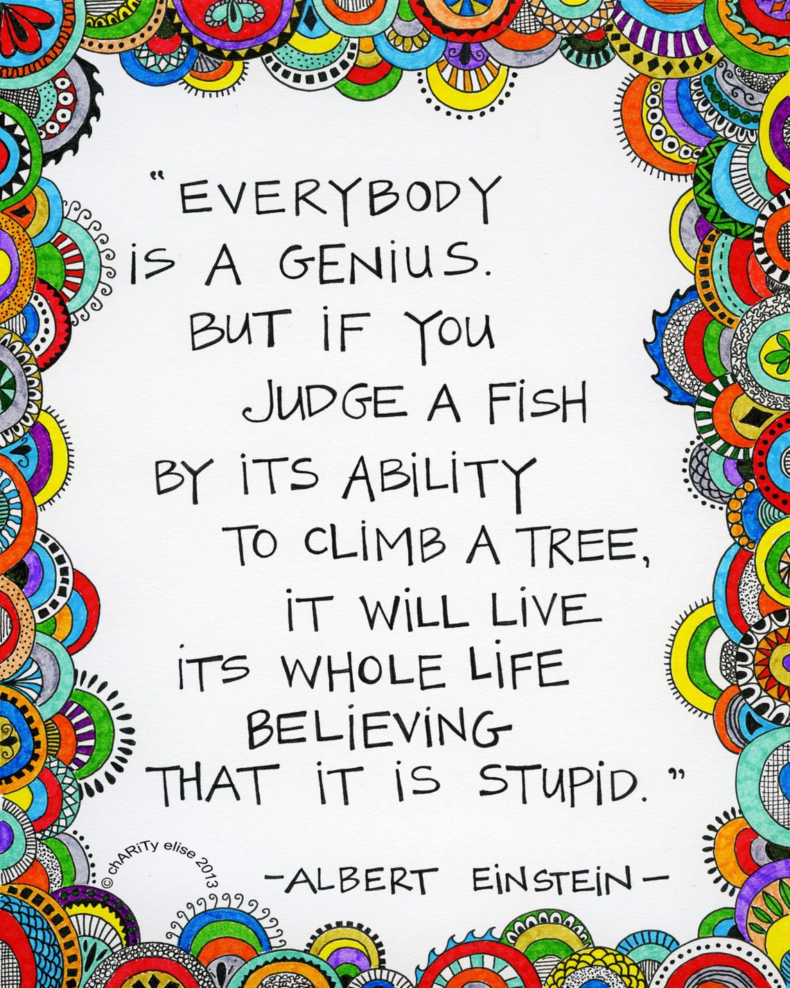 Brightly Colored Art Print  Everybody is a Genius   Albert image 0