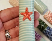 Magnetic Pottery Bud Vase and Pen Holder - Porcelain Bud Vase --Aqua Blue with red and white starfish