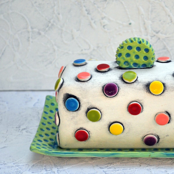 Colorful, Polka Dot, Pottery Butter Dish - MADE TO ORDER