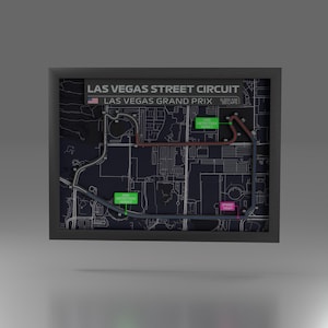 Circuit urbain de Formule 1 à Las Vegas - Impression 3D - 2025 - Idée cadeau F1 - Art encadré du circuit de Formule 1 - Cadeau sport automobile de rue