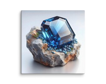 Crystals on CANVAS digital painting.  Sapphire crystal set against rugged terrain, highlighting vibrant blue against rocky backdrop