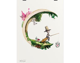 Man on the moon Art Print | Fisherman Illustration | Cute Moon figure Wall Art | Matte Poster