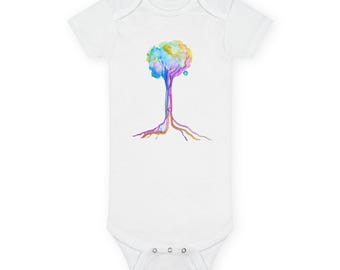 Watercolor Tree Baby Onesie – Organic Cotton Bodysuit, Artistic Nature Design for Babies