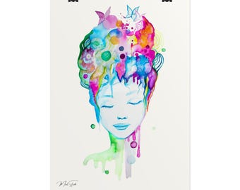 Pastel Watercolor Art Print | Soft Face Illustration | Butterlies Abstract Wall Art | Matte Poster