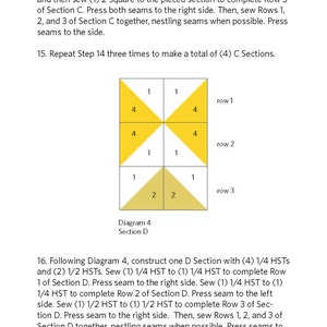 May include: Diagram showing how to sew a quilt block with four 1/4 half square triangles (HSTs) and two 1/2 HSTs. The block is divided into three rows, with the top two rows featuring yellow squares and the bottom row featuring two tan triangles. The diagram is labeled "Diagram 4, Section D".