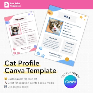 Op de afbeelding: Canva-sjabloon voor kattenprofielen met twee voorbeelden, Phoebe en Max. Elk profiel bevat een kattenfoto, rasinformatie en voorkeuren. Aanpasbaar en ideaal voor adoptie-evenementen en sociale media.