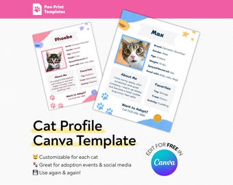 キャットラインページ Editable Cat Adoption Bio Template | Pet Profile Flyer for Animal