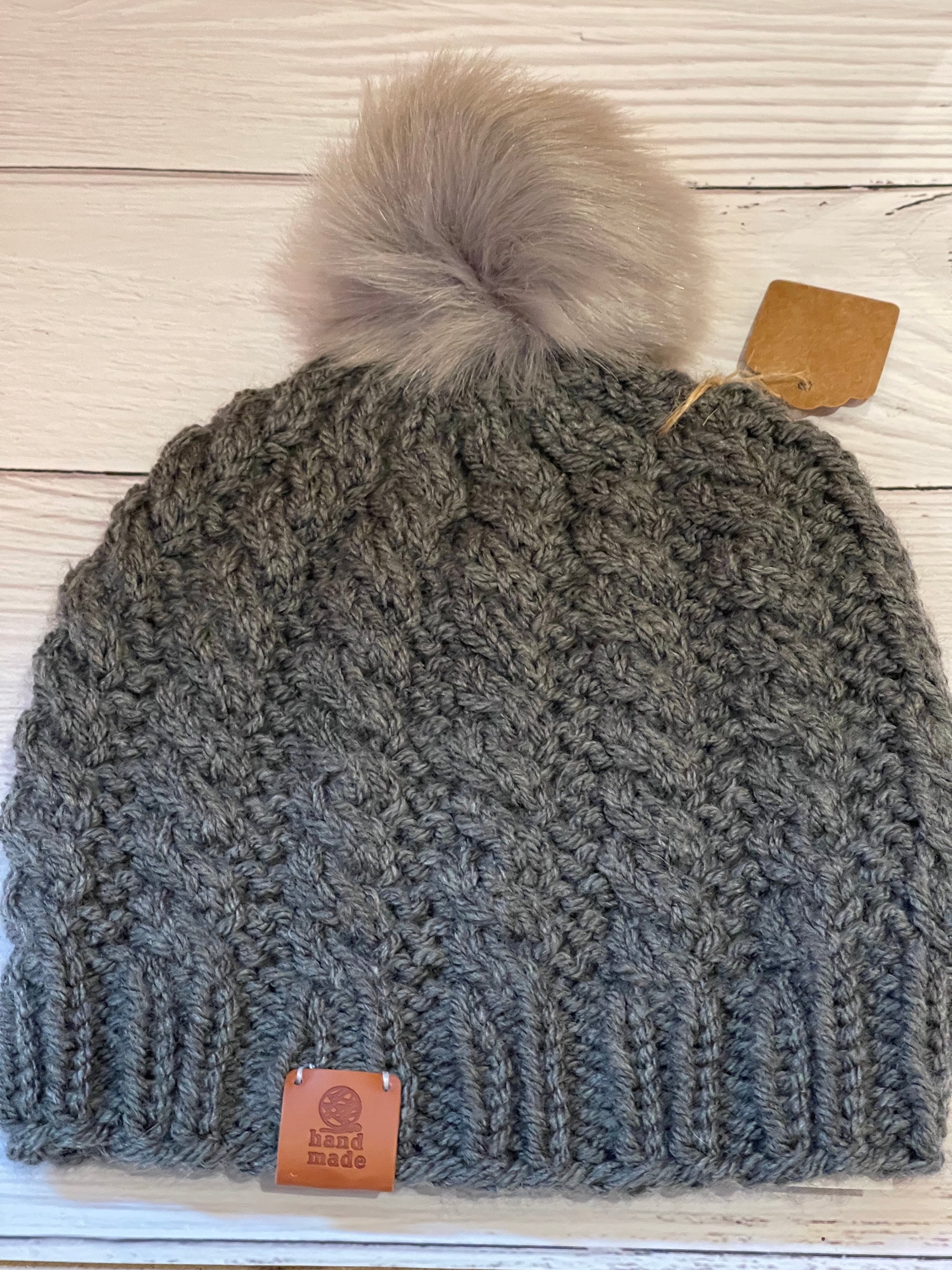 HAND Knit Cable Beanie Hat Silver 2Tone Brown Faux Fur Pom Pom Ladies Small SALE! Knit Cable Beanie with Brown Faux Fur Pom Pom Assorted  main image 4