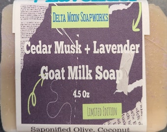 Limited Edition Cedar Musk plus Lavender Goat Milk Soap, ships fast, Delta moon soap