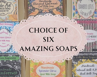 Choice of 6 Handmade Goat Milk Soaps, self care, free delivery, ready to ship, gift for her, eco friendly, cold process, Delta Moon Soap