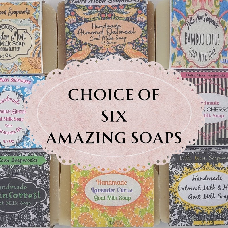 Choice of 6 Handmade Goat Milk Soaps, self care, free delivery, ready to ship, gift for her, eco friendly, cold process, Delta Moon Soap image 1