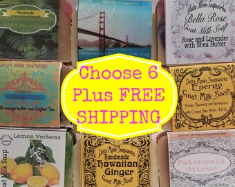 Your choice of 6 full sized Goat Milk Soaps, FREE SHIPPING, ready to ship, Birthday Gift, sensitive skin, facial soap, gift for her