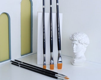 Ensemble de 6 pinceaux en poils de nylon sur tige de bouleau (28,1-31,2 cm) | Tête plate pour gouache, aquarelle, acrylique | Fournitures d'artiste à long manche
