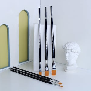 6teiliges Birkenstab Nylon Haar Pinsel Set (28.1-31.2cm) | Flacher Kopf für Gouache, Aquarell, Acryl | Langer Griff Künstlerbedarf