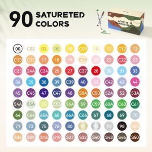 Pode incluir: Um conjunto de 90 marcadores acr&iacute;licos em uma variedade de cores, incluindo vermelho, laranja, amarelo, verde, azul, roxo, rosa, marrom, preto e branco. Os marcadores est&atilde;o dispostos em uma grade sobre um fundo branco. O texto "90 SATURETED COLORS" est&aacute; impresso na parte superior da imagem. O texto "ACRYLIC MARKER SET" est&aacute; impresso na caixa de marcadores.