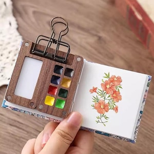 Paleta pequeña de acuarela de 8 colores / Set de acuarela de viaje / Paleta de viaje de madera para artistas / Pintura de acuarela portátil / Regalo para artistas