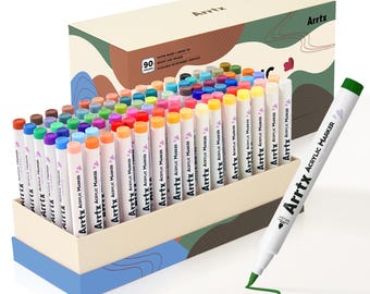 May include: A set of 90 water-based acrylic markers in a variety of colors. The markers are arranged in a box and a single green marker is shown next to the box. The marker has the text "Arrtx Acrylic Marker" printed on the side.