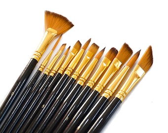 Premium 12-PC Short Wood Rod | Painting Brush Set | 20-22.5cm | Watercolor, Gouache, Oil, Acrylic | Nylon Hair | Beginner-Friendly Art Tools