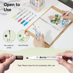 Pode incluir: Um conjunto de marcadores acr&iacute;licos com um corpo branco e tampas pretas. Os marcadores s&atilde;o etiquetados como "Arrtx Acrylic Marker". A imagem mostra como usar os marcadores, com as instru&ccedil;&otilde;es "Usar diretamente" e "N&atilde;o precisa pressionar".