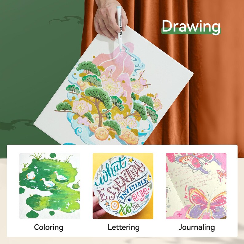 Pode incluir: Uma tela branca com tr&ecirc;s exemplos diferentes de t&eacute;cnicas art&iacute;sticas: desenho, colorir e letras. O desenho &eacute; de uma cena de montanha colorida com &aacute;rvores e flores. A colora&ccedil;&atilde;o &eacute; de uma paisagem verde e azul com p&aacute;ssaros. As letras s&atilde;o da frase "o que &eacute; essencial &eacute; invis&iacute;vel ao olho".