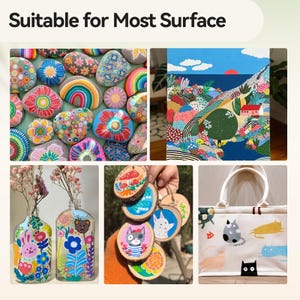 Pode incluir: Uma colagem de imagens que mostram diferentes superf&iacute;cies adequadas para pintar com tinta acr&iacute;lica. As imagens incluem pedras pintadas, uma pintura em tela, ornamentos de madeira e uma bolsa de ombro.