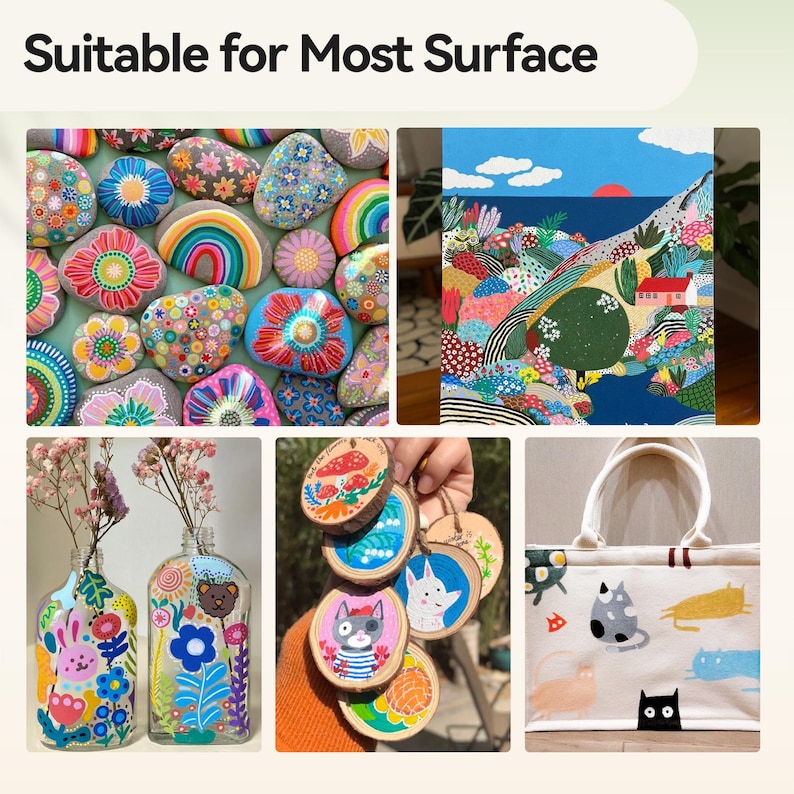 Pode incluir: Uma colagem de imagens que mostram diferentes superf&iacute;cies adequadas para pintar com tinta acr&iacute;lica. As imagens incluem pedras pintadas, uma pintura em tela, ornamentos de madeira e uma bolsa de ombro.