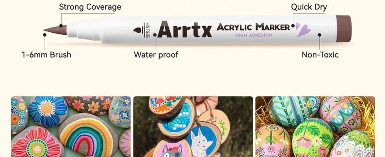 Pode incluir: Um marcador acr&iacute;lico marrom com uma ponta de pincel de 1 a 6 mm. O marcador &eacute; rotulado como "Arrtx Acrylic Marker High Adhesion" e apresenta o texto "Strong Coverage", "Quick Dry", "Water proof" e "Non-Toxic". O marcador &eacute; mostrado sendo usado para pintar pedras, madeira e ovos.