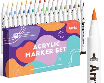 May include: A set of 36 acrylic markers in a variety of colors, with a single marker in the foreground. The markers have a brush tip and are packaged in a colorful box with the text "Arrtx Acrylic Marker Set".