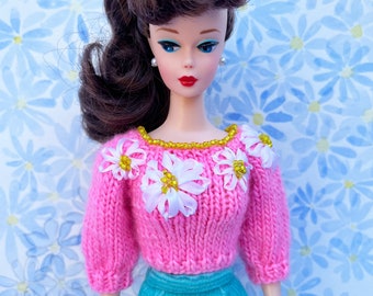 Barbie pink sweater embroidered and beaded daisies