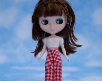 Calça xadrez para boneca Blythe com blusa de mohair tricotada à mão
