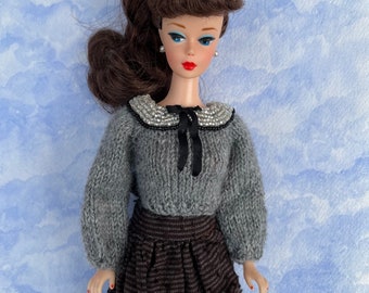 Barbie vintage inspired gray hand knitted and hand beaded sweater