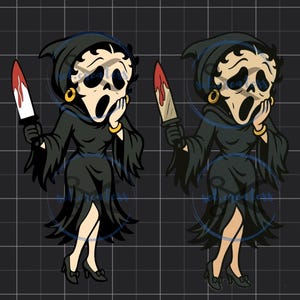 May include: Two cartoon illustrations of a character in a black hooded robe, holding a bloody knife. The character has a skull-like face with a surprised expression, gold hoop earrings, and black high heels. The background is a grid pattern.