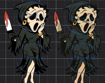 May include: Two cartoon illustrations of a character in a black hooded robe, holding a bloody knife. The character has a skull-like face with a surprised expression, gold hoop earrings, and black high heels. The background is a grid pattern.