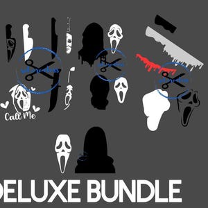 Puede incluir: Un conjunto de gráficos en blanco y negro con temática de Halloween, que incluyen cuchillos, la icónica máscara de Ghostface y siluetas. La frase "Call Me" aparece con un gráfico de Ghostface. Las palabras "DELUXE BUNDLE" están en la parte inferior.