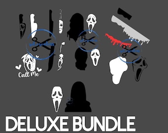 May include: A collection of black and white Halloween-themed graphics, including knives, the iconic Ghostface mask, and silhouettes. The phrase "Call Me" appears with a Ghostface graphic. The words "DELUXE BUNDLE" are at the bottom.