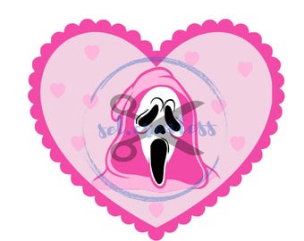 May include: A pink heart-shaped graphic with a scalloped edge, featuring a Ghostface mask from the Scream franchise. The mask is white with black eyes and mouth, set against a pink background with small hearts.