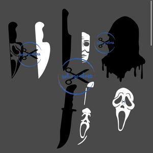 May include: A collection of black and white graphic designs featuring silhouettes of knives, a dripping hooded figure, and a stylised ghost mask. The images are arranged on a dark grey background, showcasing sharp, high-contrast shapes and clean lines.