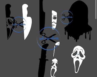 May include: A collection of black and white graphic designs featuring silhouettes of knives, a dripping hooded figure, and a stylized ghost mask. The images are arranged on a dark gray background, showcasing sharp, high-contrast shapes and clean lines.