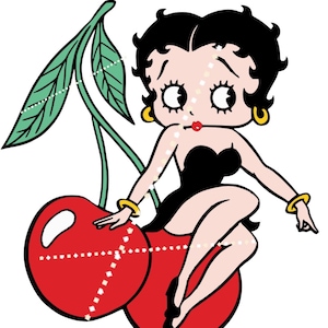 Könnte beinhalten: Eine Cartoon-Illustration einer Frau mit schwarzen Haaren und rotem Mund, die auf einer roten Kirsche sitzt. Sie trägt ein schwarzes Kleid und goldene Armbänder. Die Kirsche hat einen grünen Stiel und Blätter.