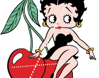 May include: A cartoon illustration of a woman with black hair and a red mouth sitting on a red cherry. She is wearing a black dress and gold bracelets. The cherry has a green stem and leaves.