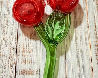 Cherry Double Bowl Smoking Glass Pipe, Glass Smoke Bowls, Gift for Smoker